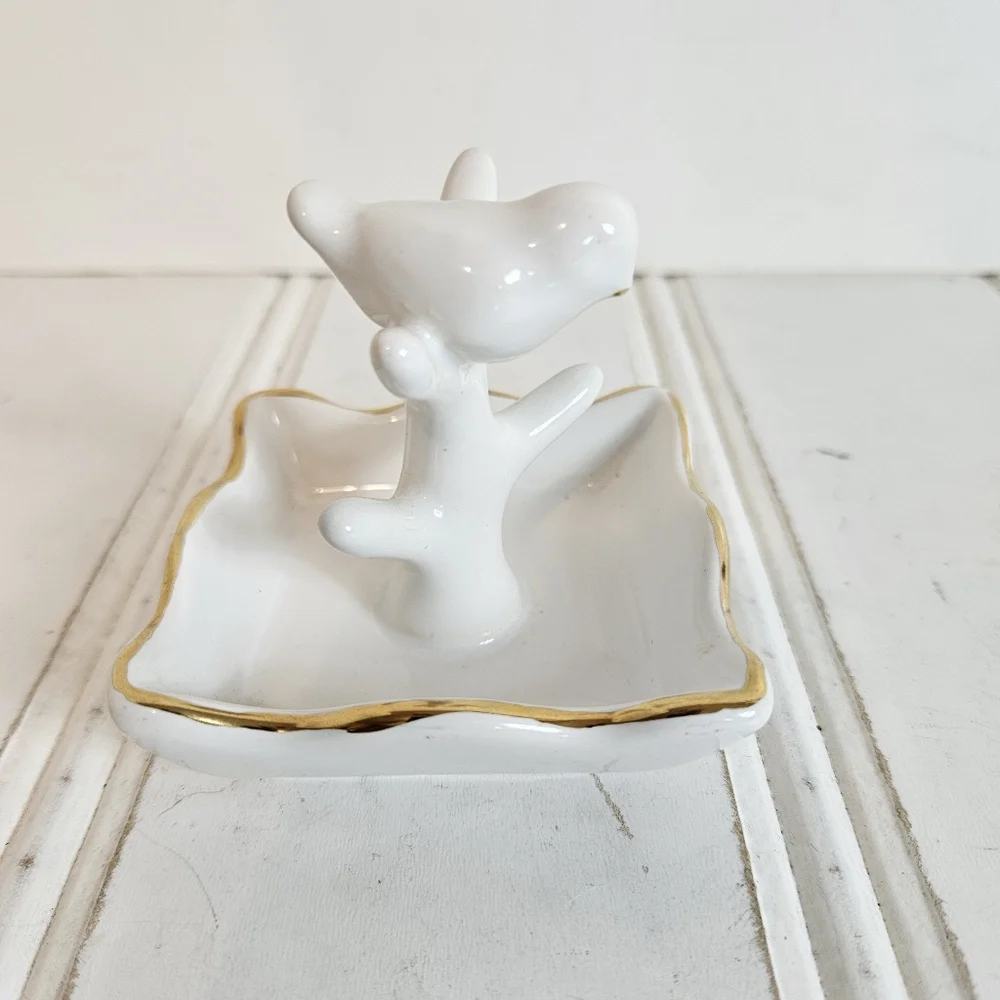 White Ceramic Bird Ring Holder Gold Trim Jewelry Dish Vanity Decor